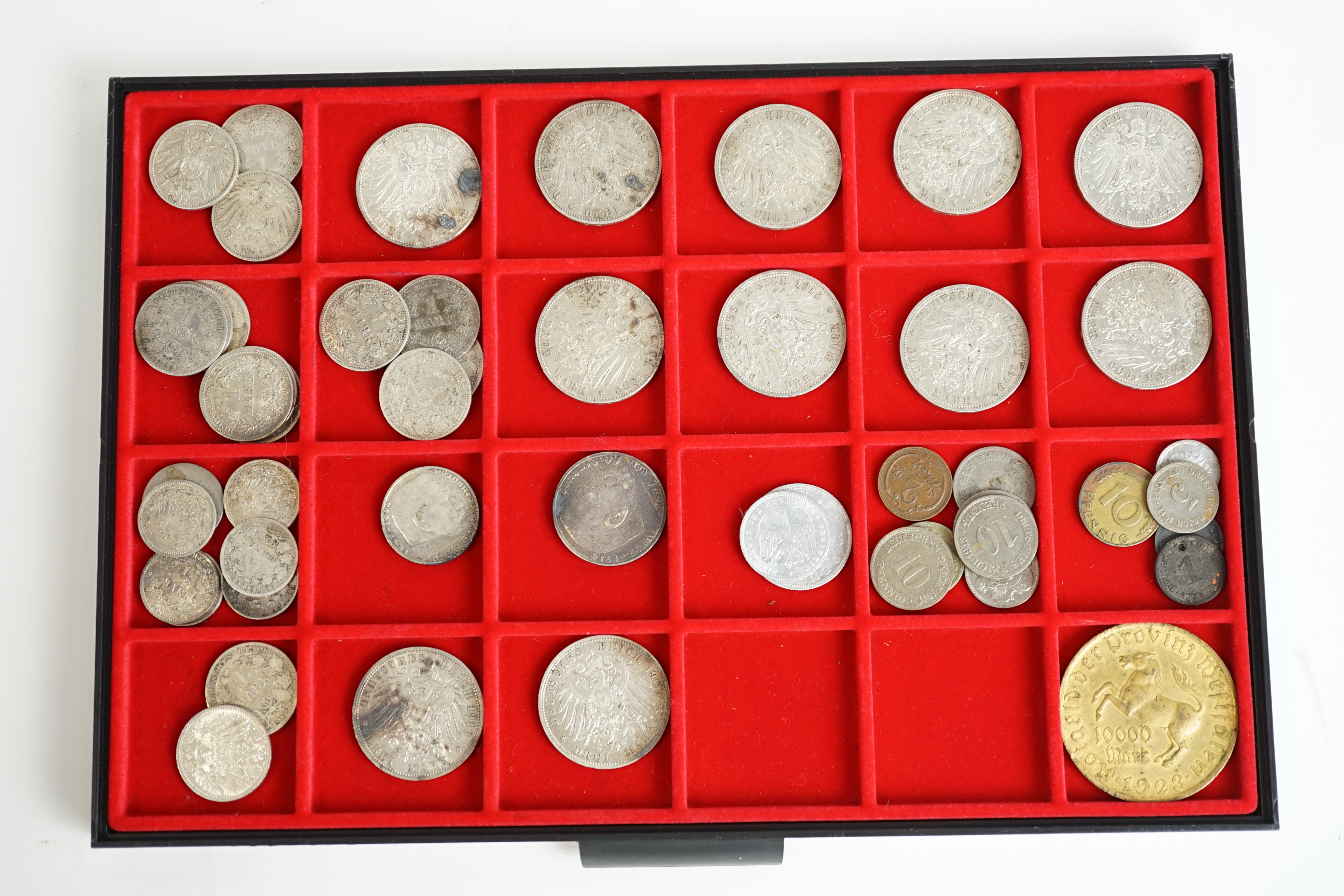 German states, silver coins, including Kingdom of Prussia, 3 mark coins, 1908A, VF, two 1909A, VF, 1910A, VF, Kingdom of Württemberg 3 mark coins, two 1912F, VF, 1914F, good VF, Grand Duchy of Baden, 3 mark, 1914G, VF, f